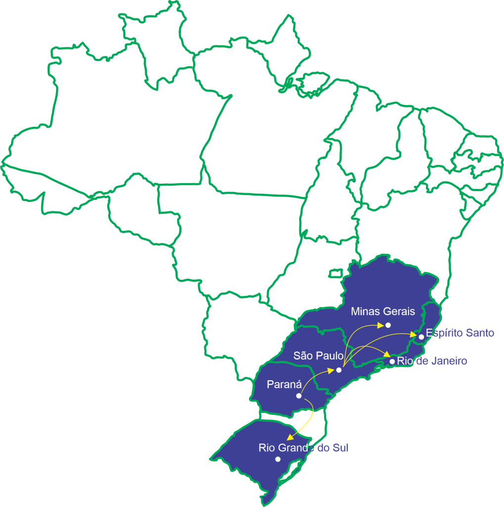 Mapa da área atendida pela LB·LOG Transportes no Brasil